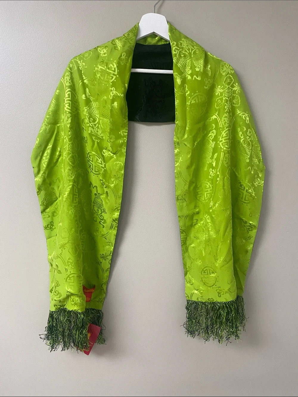 NWT Shanghai Tang Lime Green Black Reversible Silk Fringe Scarf